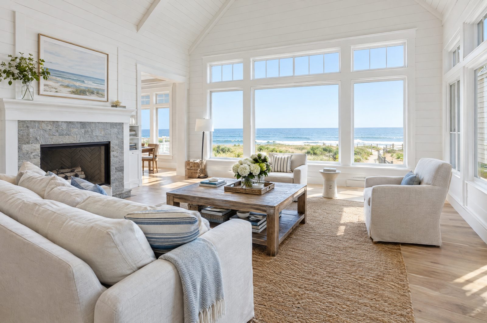 Clean coastal beach house living area